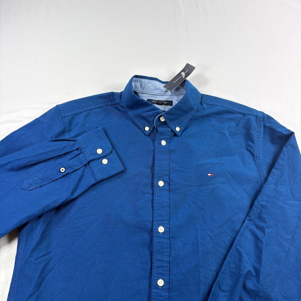 Tommy Hilfiger Shirt Mens Large Blue Button Up Long Sleeve Custom Fit NEW